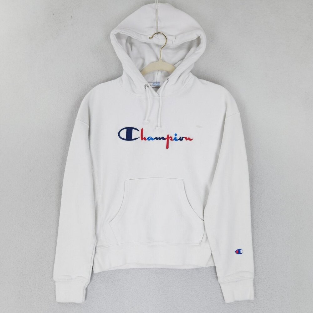 Champion Sweater Womens Medium White Reverse Weave Hoodie Casual Pullover Lounge
